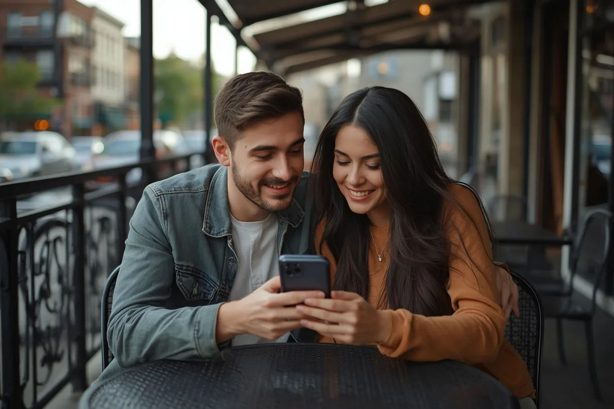 Couple looking at a phone together at a café