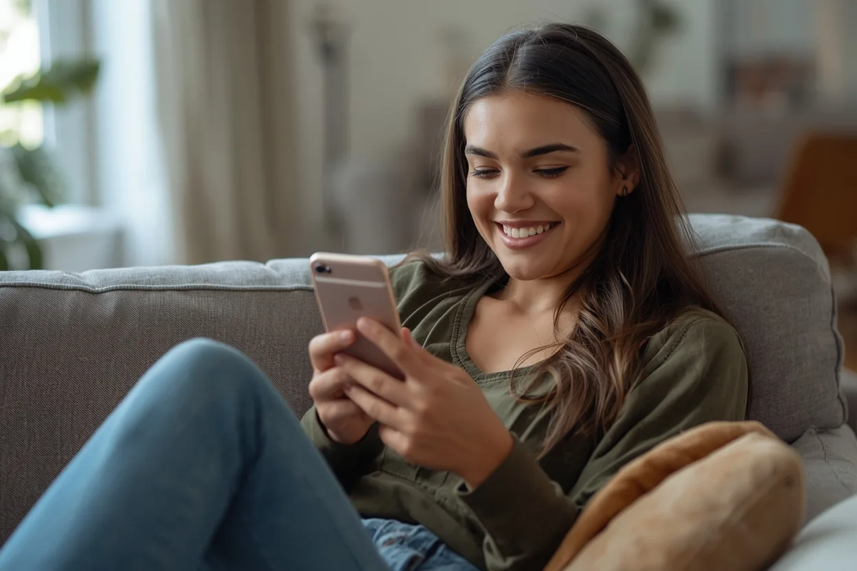 Woman smiling while using her phone on a sofa